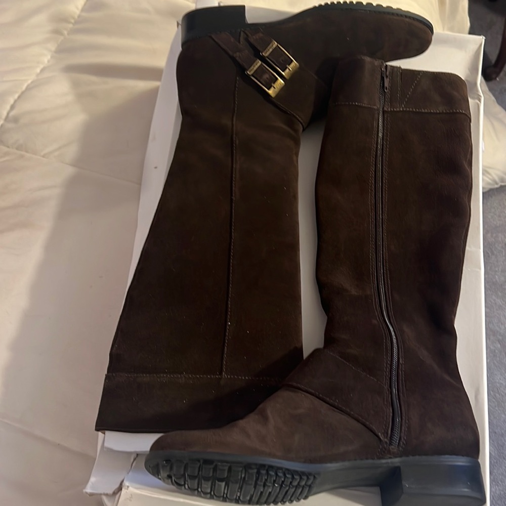 Calvin Klein riding boots Size 8.5 Dark Brown suede -  burnished gold hardware